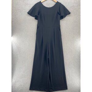 Calvin Klein Jumpsuit Women 10 Black Flutter Cape Sleeve Wide Leg Stretch Pocket